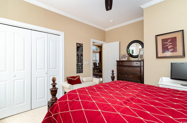 4608 Grovecrest Cir N, Myrtle Beach, SC 29582 - carpeted bedroom with ornamental molding, a closet, and ceiling fan