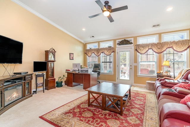 4608 Grovecrest Cir N, Myrtle Beach, SC 29582 - carpeted living room featuring crown molding, ceiling fan, an office area, plenty of natural light, and recessed lighting