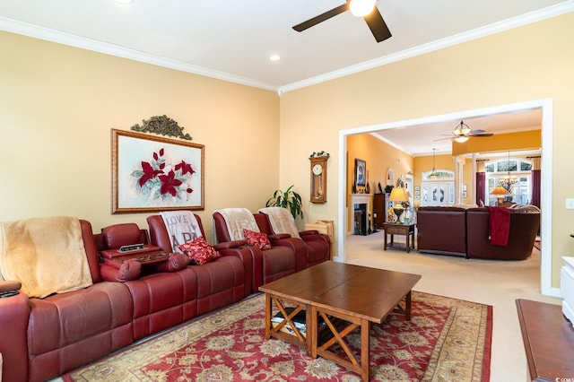 4608 Grovecrest Cir N, Myrtle Beach, SC 29582 - living room featuring a ceiling fan, ornamental molding, light colored carpet, and recessed lighting