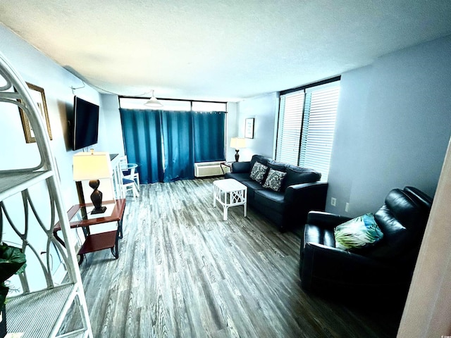 1905 S Ocean Blvd Unit 922-924, Myrtle Beach, SC 29577 - living area with wood finished floors, a textured ceiling, and a wall mounted air conditioner