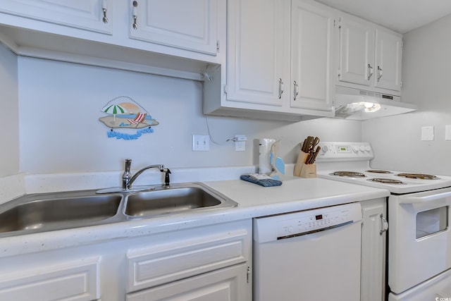kitchen with under cabinet range hood, white appliances, a sink, light countertops, and white cabinetry