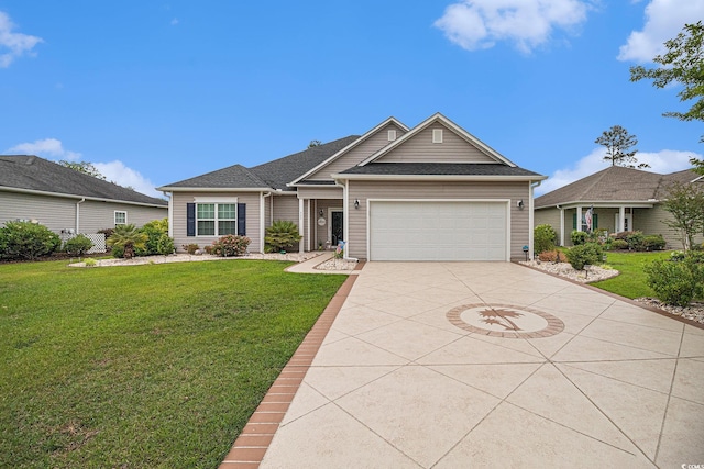 view of front of home with concrete driveway, an attached garage, and a front lawn