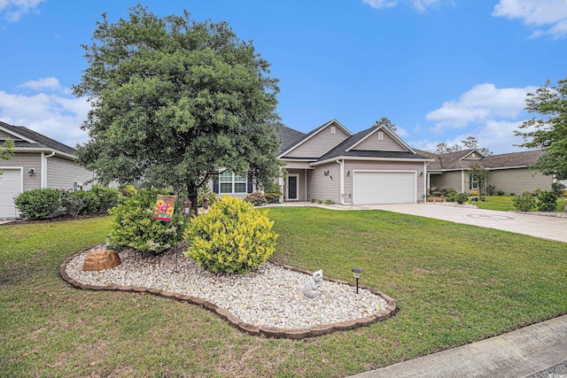 view of front facade featuring a garage, concrete driveway, and a front lawn