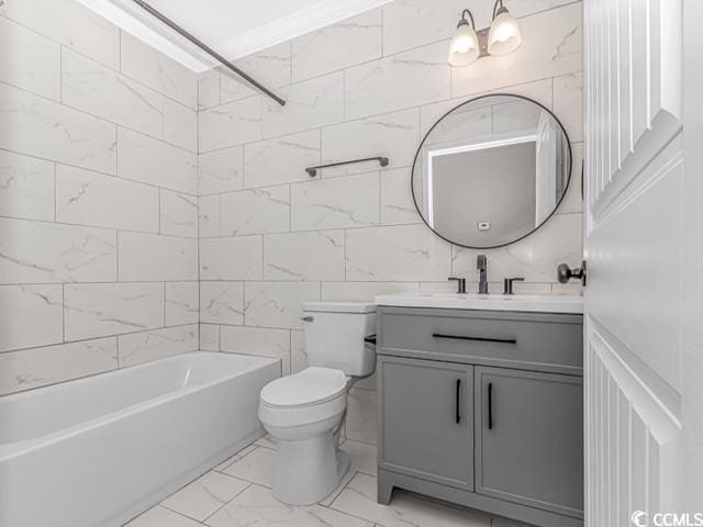 23 Gabe Pl, Pawleys Island, SC 29585 - full bathroom with marble look tile flooring, vanity, toilet, tile walls, and shower / bathtub combination