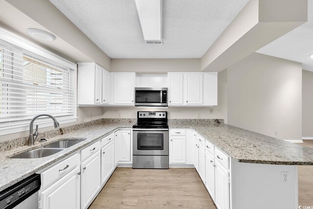 4339 Baldwin Ave Unit 4339, Little River, SC 29566 - kitchen with appliances with stainless steel finishes, a sink, a peninsula, white cabinets, and a textured ceiling