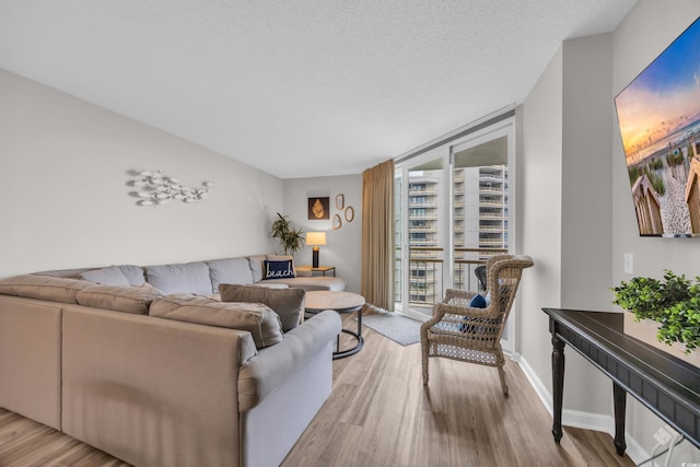 living area featuring wood finished floors, baseboards, and a textured ceiling