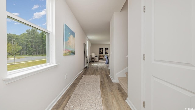 hallway with wood finished floors and baseboards