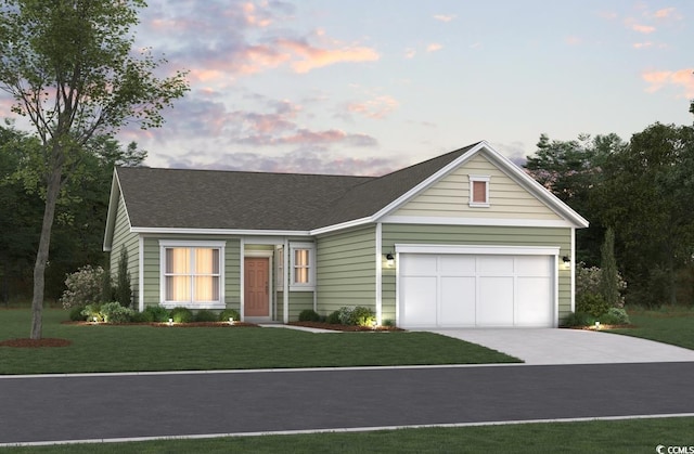 view of front of property featuring driveway, a front yard, and a shingled roof