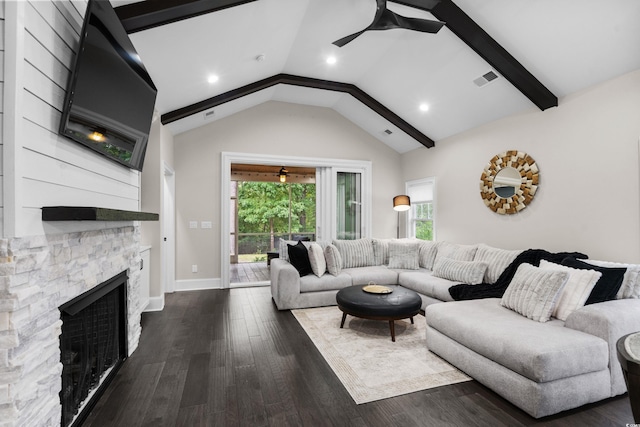 2909 Moss Bridge Ln, Myrtle Beach, SC 29579 - living area featuring ceiling fan, vaulted ceiling, a fireplace, dark wood-style floors, and baseboards