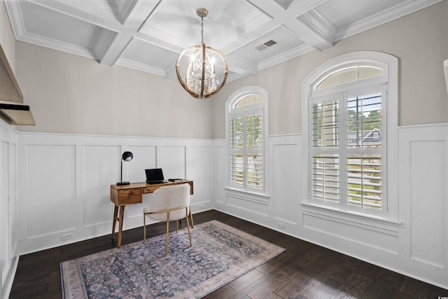 2909 Moss Bridge Ln, Myrtle Beach, SC 29579 - home office with coffered ceiling, a decorative wall, a wainscoted wall, beam ceiling, and a chandelier