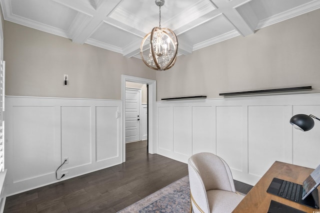 2909 Moss Bridge Ln, Myrtle Beach, SC 29579 - office space featuring coffered ceiling, a decorative wall, a chandelier, beam ceiling, and dark wood-style flooring