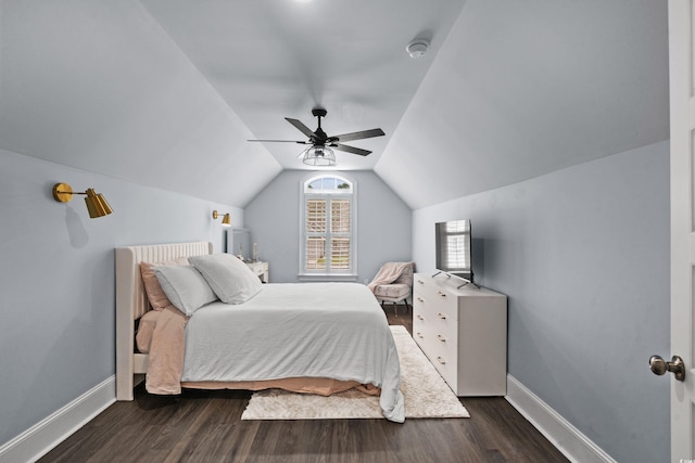2909 Moss Bridge Ln, Myrtle Beach, SC 29579 - bedroom with dark wood finished floors, baseboards, lofted ceiling, and ceiling fan