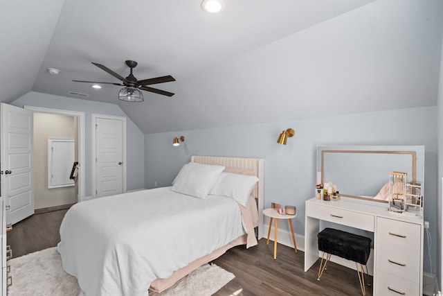 2909 Moss Bridge Ln, Myrtle Beach, SC 29579 - bedroom with wood finished floors, lofted ceiling, ceiling fan, baseboards, and recessed lighting