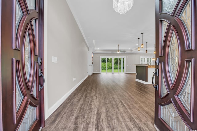 3995 Tillmond Dr, Conway, SC 29526 - foyer entrance with baseboards, dark wood finished floors, ornamental molding, and a tray ceiling