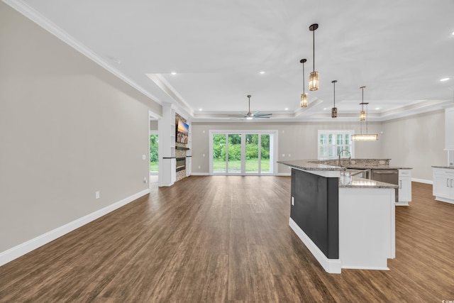 kitchen featuring a raised ceiling, crown molding, open floor plan, dark wood-style floors, and a ceiling fan