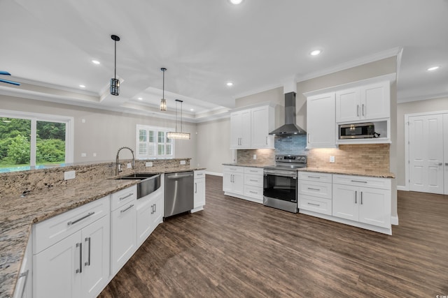 3995 Tillmond Dr, Conway, SC 29526 - kitchen featuring appliances with stainless steel finishes, wall chimney exhaust hood, a sink, crown molding, and dark wood finished floors