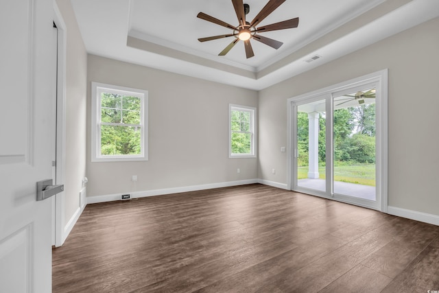 3995 Tillmond Dr, Conway, SC 29526 - unfurnished room with a raised ceiling, ceiling fan, dark wood-type flooring, baseboards, and ornamental molding