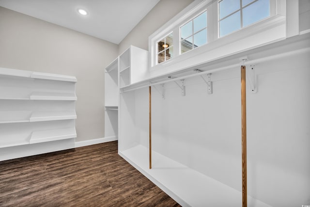spacious closet with dark wood-style flooring