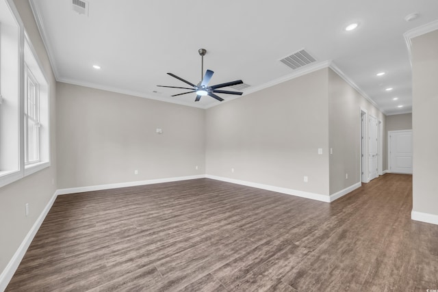 3995 Tillmond Dr, Conway, SC 29526 - spare room featuring dark wood-style flooring, baseboards, a ceiling fan, ornamental molding, and recessed lighting