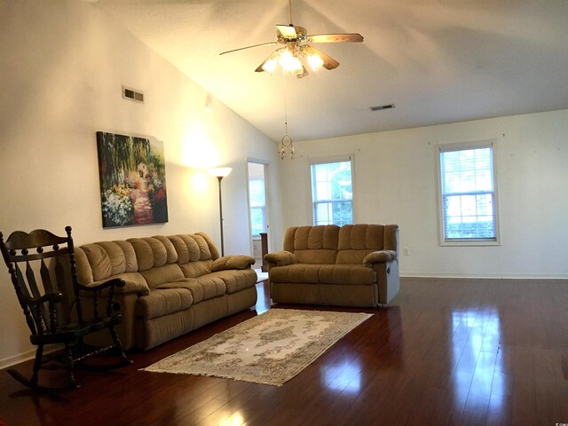 131 Goodale Dr, Longs, SC 29568 - living area featuring plenty of natural light, dark wood-style flooring, vaulted ceiling, a ceiling fan, and baseboards