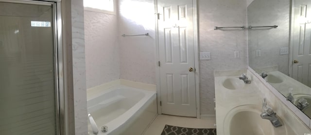 131 Goodale Dr, Longs, SC 29568 - bathroom with a bath, tile patterned flooring, a shower stall, wallpapered walls, and double vanity