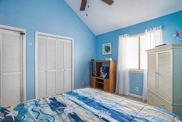 3700 Golf Colony Ln Unit 6J, Little River, SC 29566 - carpeted bedroom with baseboards, high vaulted ceiling, ceiling fan, and multiple closets