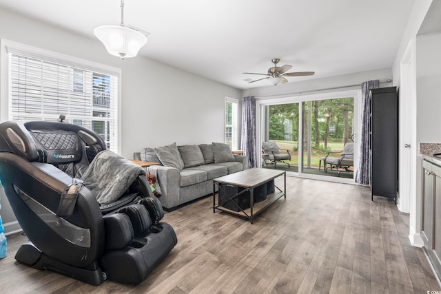 living area with ceiling fan and wood finished floors