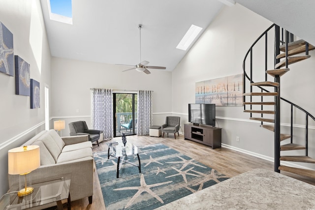 1891 Colony Dr Unit 15J, Surfside Beach, SC 29575 - living area with a skylight, high vaulted ceiling, stairs, wood finished floors, and ceiling fan