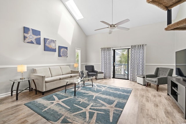1891 Colony Dr Unit 15J, Surfside Beach, SC 29575 - living area featuring high vaulted ceiling, wood finished floors, ceiling fan, and a skylight