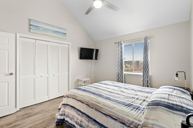 1891 Colony Dr Unit 15J, Surfside Beach, SC 29575 - bedroom with vaulted ceiling, wood finished floors, a closet, and a ceiling fan