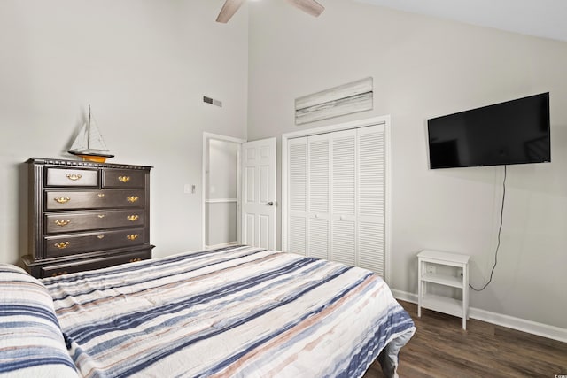 1891 Colony Dr Unit 15J, Surfside Beach, SC 29575 - bedroom featuring wood finished floors, baseboards, high vaulted ceiling, a ceiling fan, and a closet