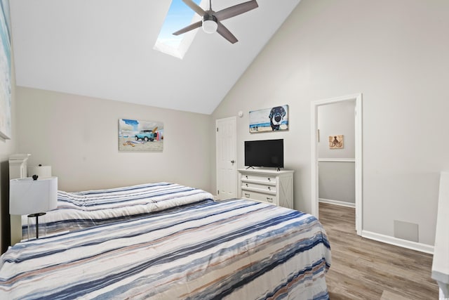 1891 Colony Dr Unit 15J, Surfside Beach, SC 29575 - bedroom with high vaulted ceiling, a skylight, light wood finished floors, baseboards, and a ceiling fan