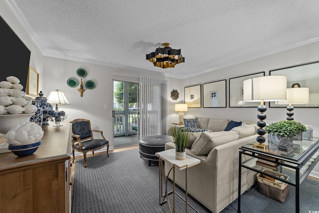 carpeted living room with crown molding and a textured ceiling