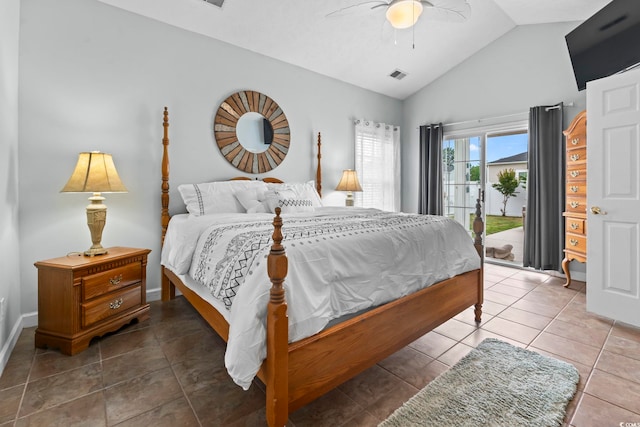 tiled bedroom featuring access to outside, ceiling fan, high vaulted ceiling, and baseboards