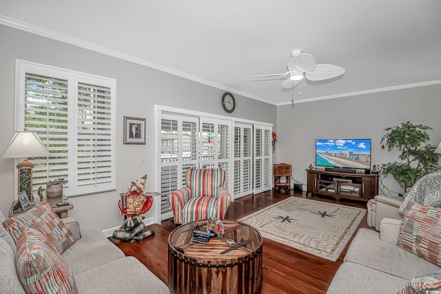 601 Hillside Dr N Unit 302, North Myrtle Beach, SC 29582 - living room featuring wood finished floors, a ceiling fan, ornamental molding, and baseboards