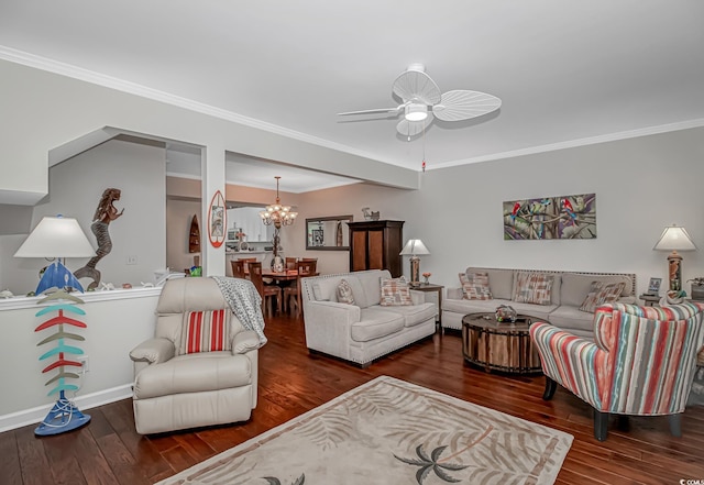 601 Hillside Dr N Unit 302, North Myrtle Beach, SC 29582 - living area featuring wood-type flooring, a chandelier, a ceiling fan, crown molding, and baseboards