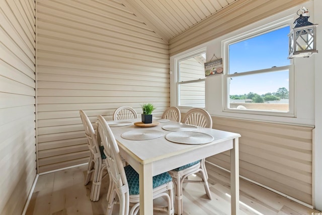 207 Double Eagle Dr Unit F-3, Myrtle Beach, SC 29575 - dining space featuring wood ceiling, vaulted ceiling, wood finished floors, and wooden walls