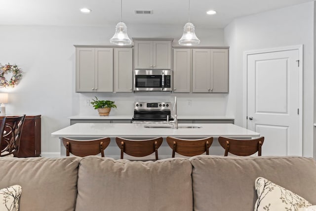 2405 Capri Ct, Conway, SC 29527 - kitchen featuring stainless steel appliances, open floor plan, a sink, light countertops, and recessed lighting