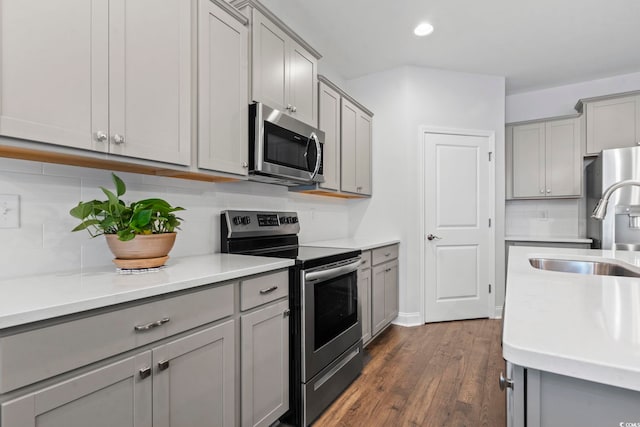 2405 Capri Ct, Conway, SC 29527 - kitchen featuring stainless steel appliances, gray cabinets, a sink, decorative backsplash, and dark wood-style flooring