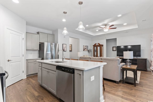2405 Capri Ct, Conway, SC 29527 - kitchen featuring gray cabinetry, appliances with stainless steel finishes, a sink, ceiling fan, and a raised ceiling