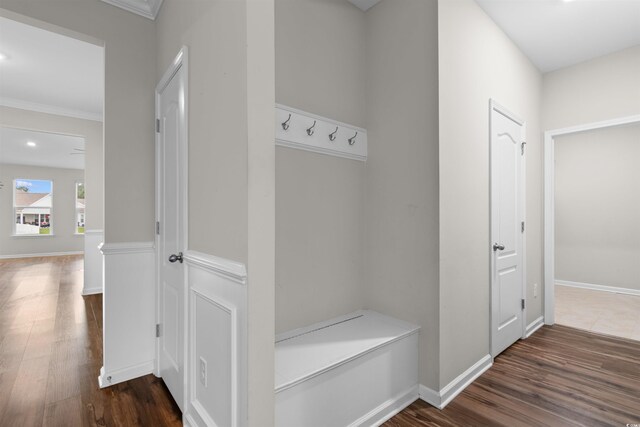 2317 Myerlee Dr, Myrtle Beach, SC 29588 - mudroom with dark wood-style floors, baseboards, crown molding, and recessed lighting