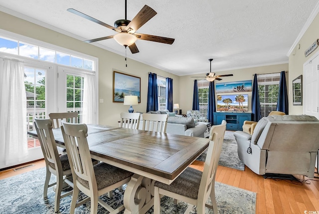 dining area featuring ceiling fan, a textured ceiling, crown molding, plenty of natural light, and light wood-style floors
