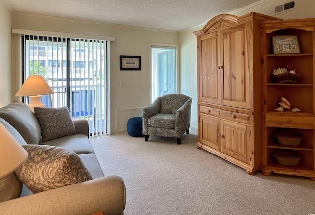 191 Maison Dr Unit B-123, Myrtle Beach, SC 29572 - living area featuring ornamental molding, light carpet, and a textured ceiling