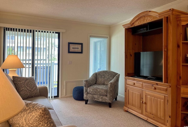 191 Maison Dr Unit B-123, Myrtle Beach, SC 29572 - living room featuring ornamental molding, light colored carpet, and a textured ceiling