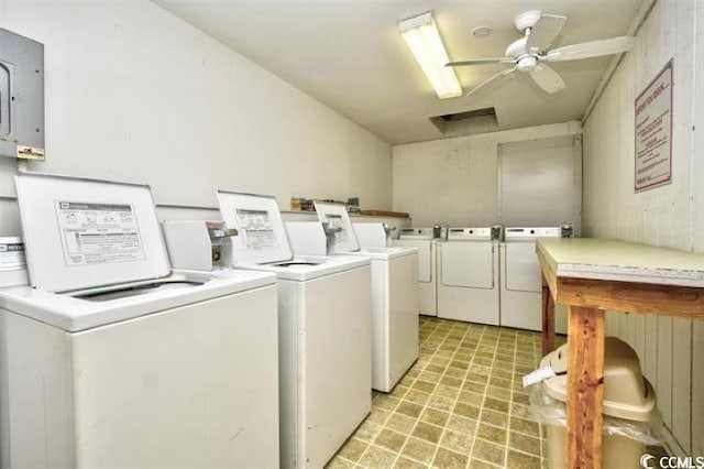 191 Maison Dr Unit B-123, Myrtle Beach, SC 29572 - communal laundry room with washer and dryer, electric panel, a ceiling fan, and light flooring