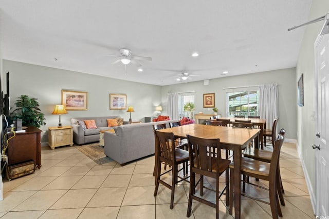 dining area with ceiling fan, light tile patterned flooring, recessed lighting, and baseboards