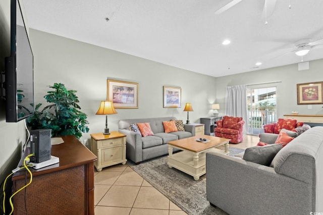 living area with ceiling fan, light tile patterned floors, and recessed lighting