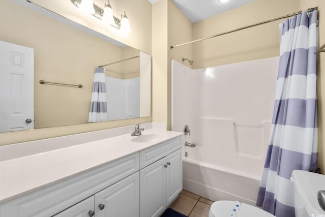 full bathroom with toilet, tile patterned flooring, shower / bathtub combination with curtain, and vanity
