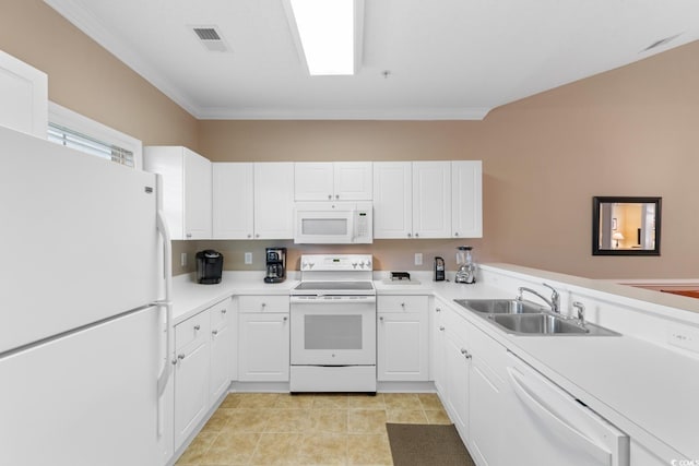 kitchen featuring white appliances, a sink, white cabinets, light countertops, and ornamental molding