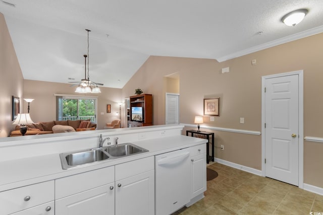 kitchen featuring white dishwasher, a sink, open floor plan, white cabinets, and vaulted ceiling
